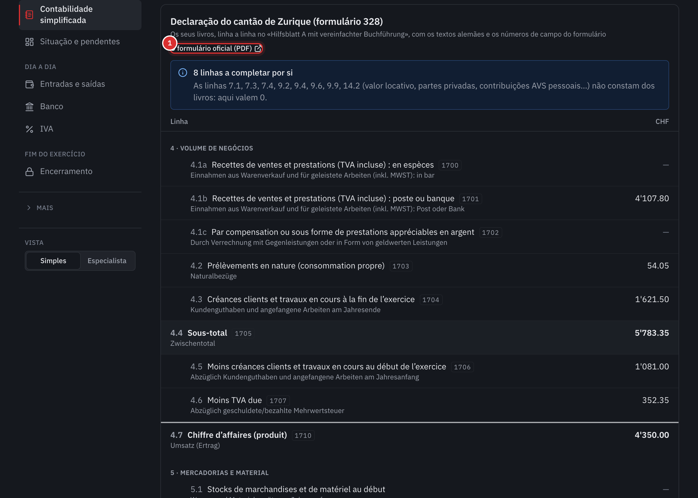 A vista Declaração ZH 328: a ligação para o formulário oficial, as linhas a completar por si e as linhas do volume de negócios.