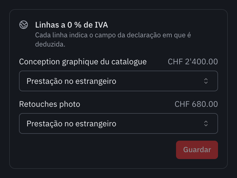 A moldura Linhas a 0 % de IVA de uma fatura a um cliente na Alemanha: as duas linhas classificadas como Prestação no estrangeiro.