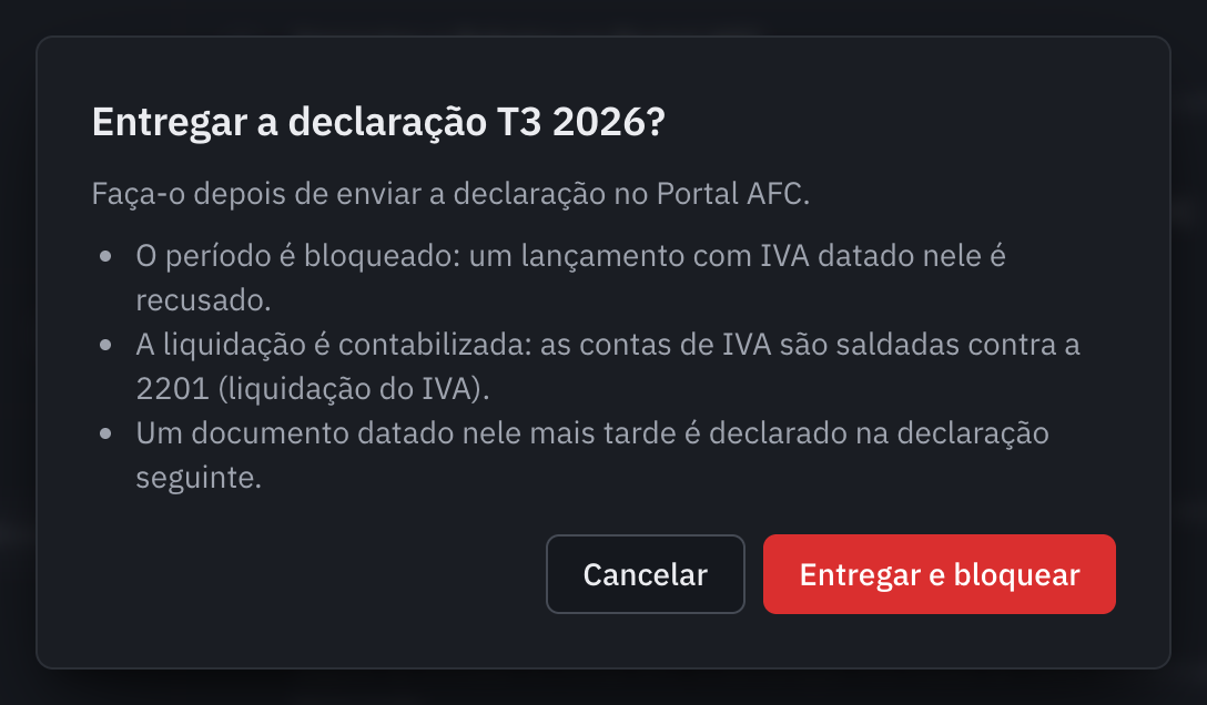 A janela de entrega da declaração T3 2026: o período fica bloqueado, a liquidação é contabilizada, um documento tardio passa para a declaração seguinte.