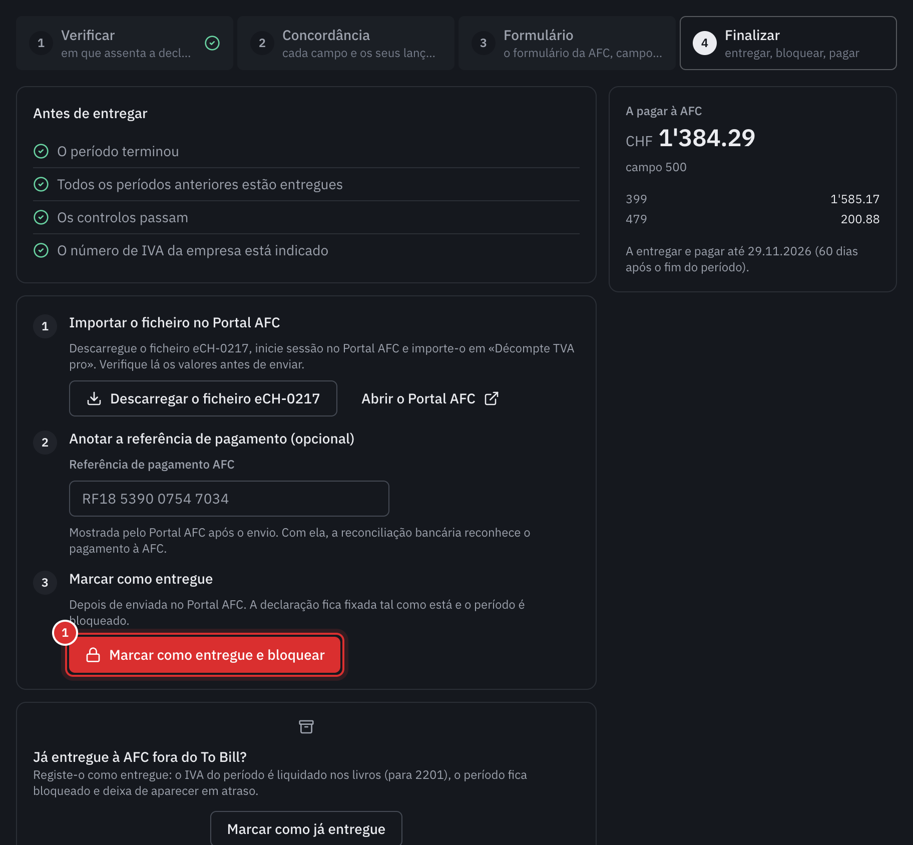 O passo Finalizar: as quatro condições cumpridas, os três passos para entregar e o montante a pagar à AFC.