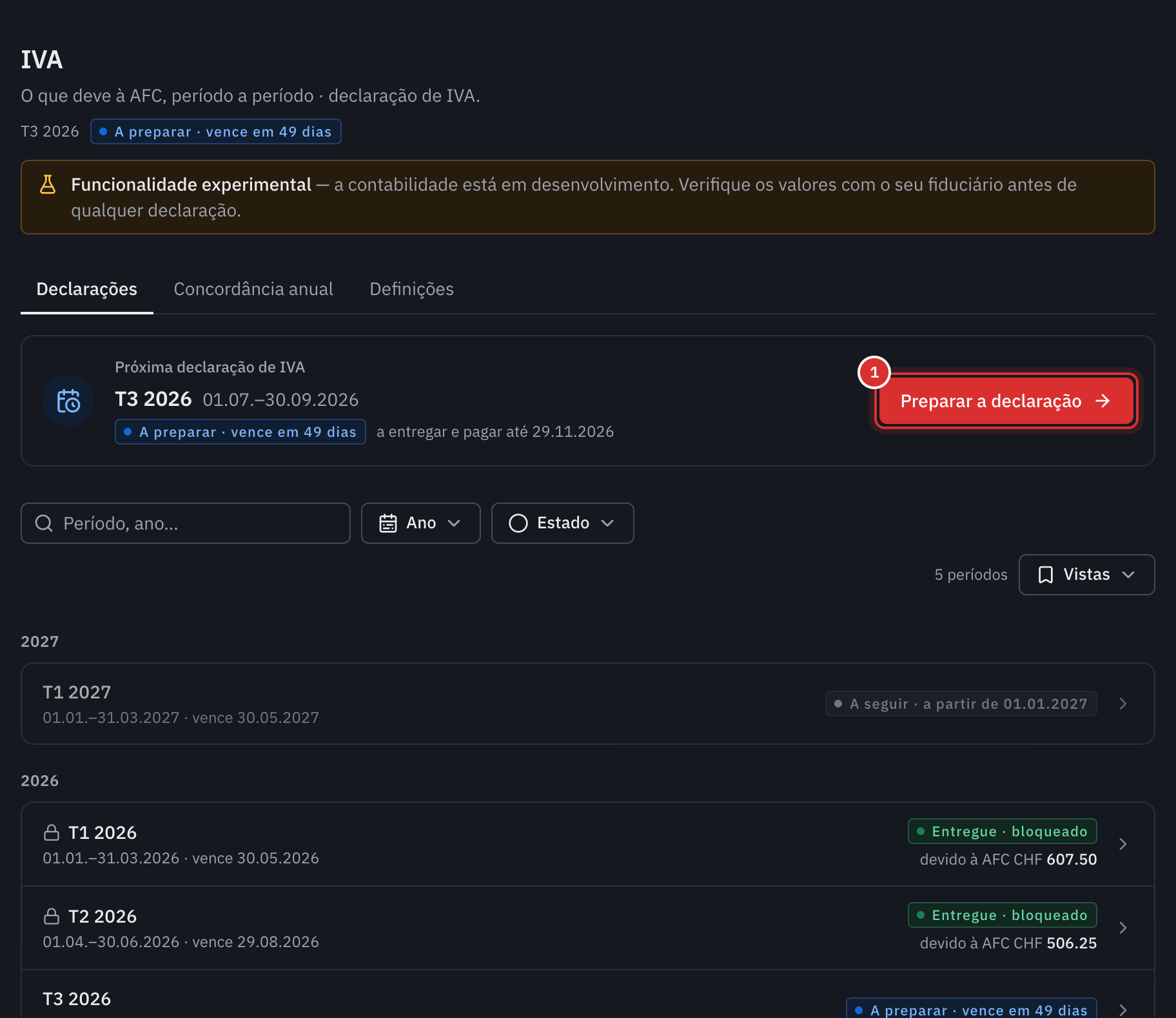 O separador Declarações: a próxima declaração T3 2026 com o botão Preparar a declaração e, depois, a lista dos períodos com o respetivo estado.