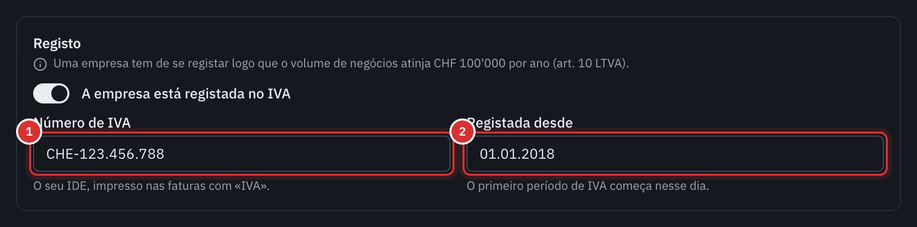 O cartão Registo: o interruptor A empresa está registada no IVA, o número de IVA e a data de inscrição.