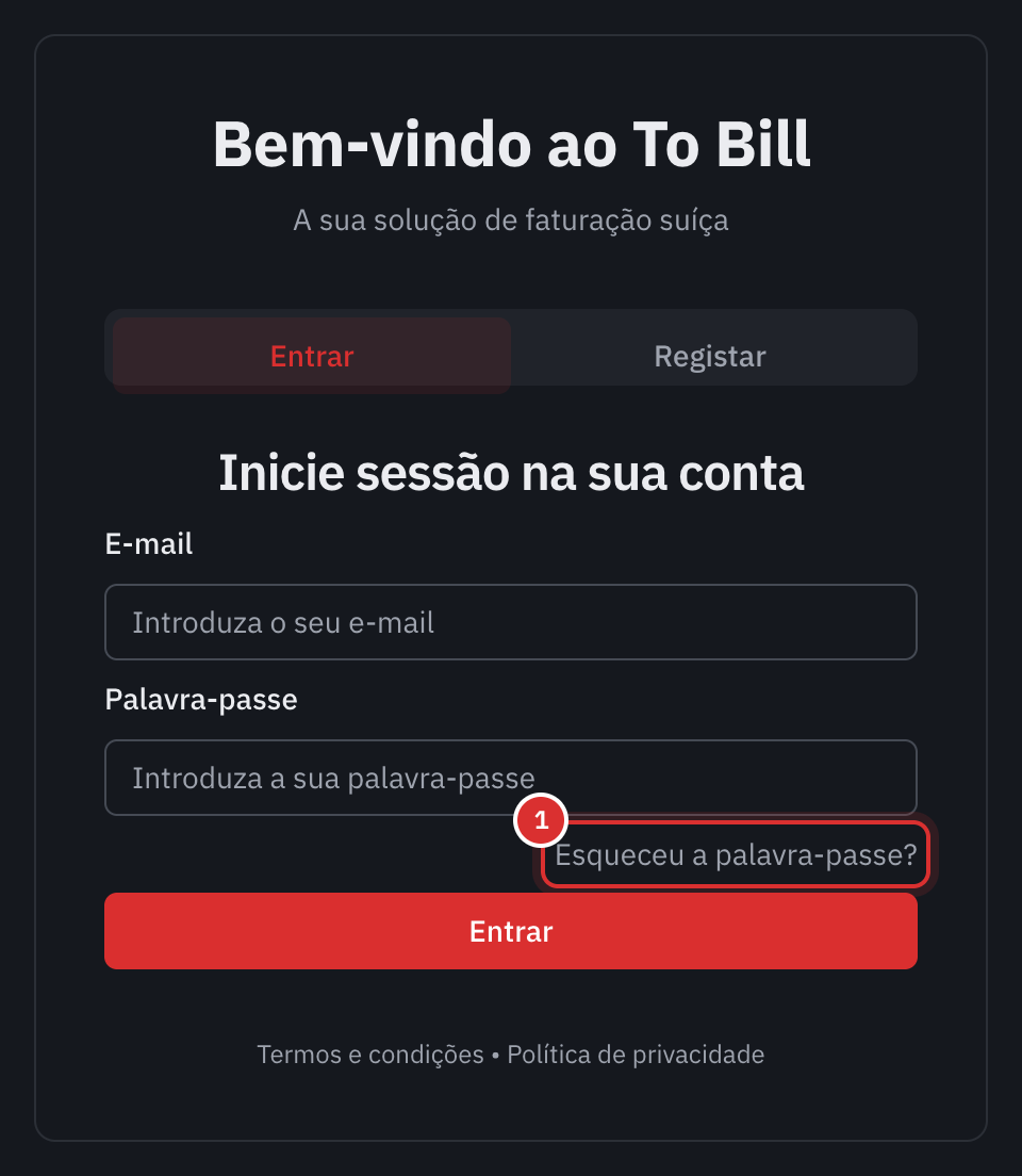 A página Inicie sessão na sua conta: o e-mail, a palavra-passe e a ligação Esqueceu a palavra-passe?.