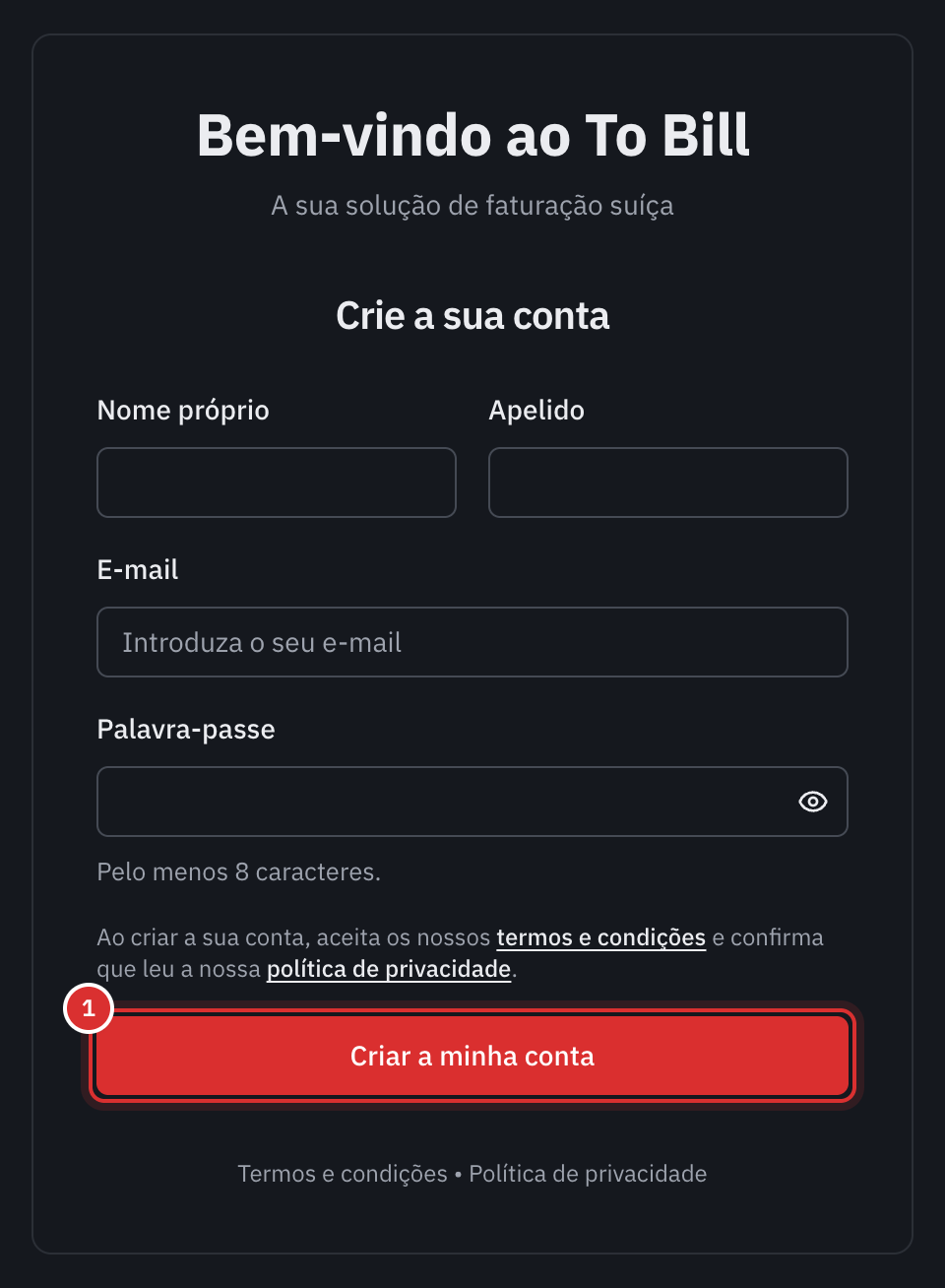 O formulário de criação de conta: nome próprio, apelido, e-mail, palavra-passe, a frase sobre as condições gerais e o botão Criar a minha conta.