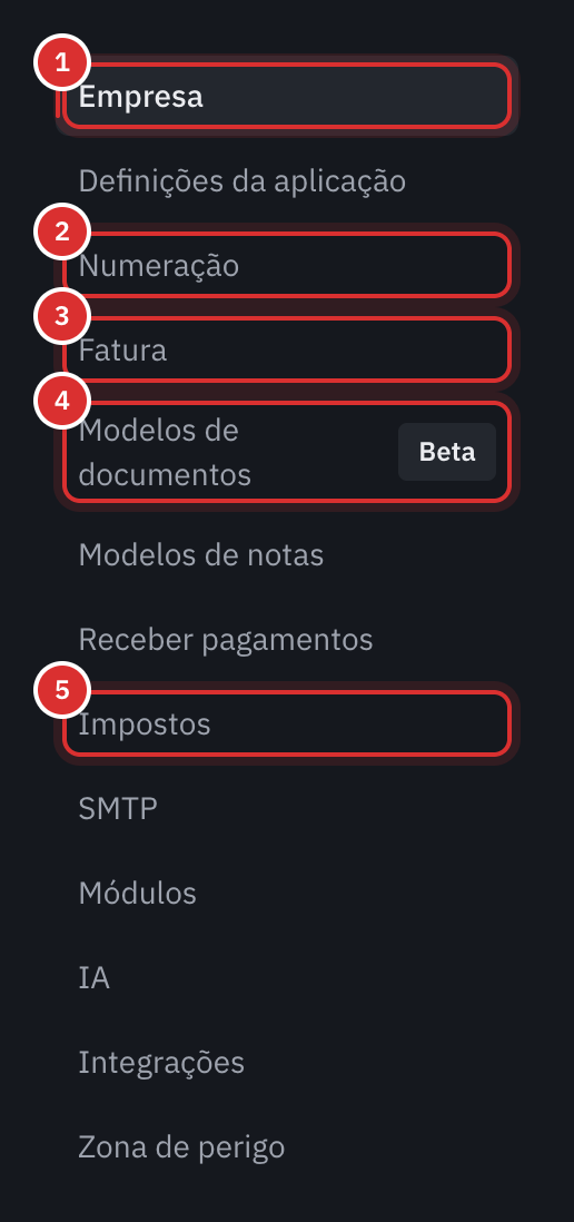 O menu das definições, com Empresa, Numeração, Fatura, Modelos de documentos e Impostos assinalados.