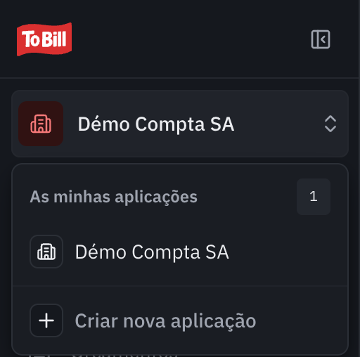 O seletor de empresa aberto: Minhas aplicações, a empresa atual e Criar nova aplicação.