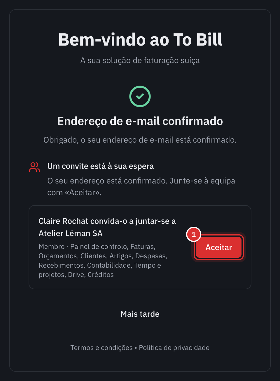 A página Endereço de e-mail confirmado: Um convite está à sua espera, Claire Rochat convida-o a juntar-se a Atelier Léman SA, o papel Membro e as respetivas áreas, o botão Aceitar e, por baixo, Mais tarde.