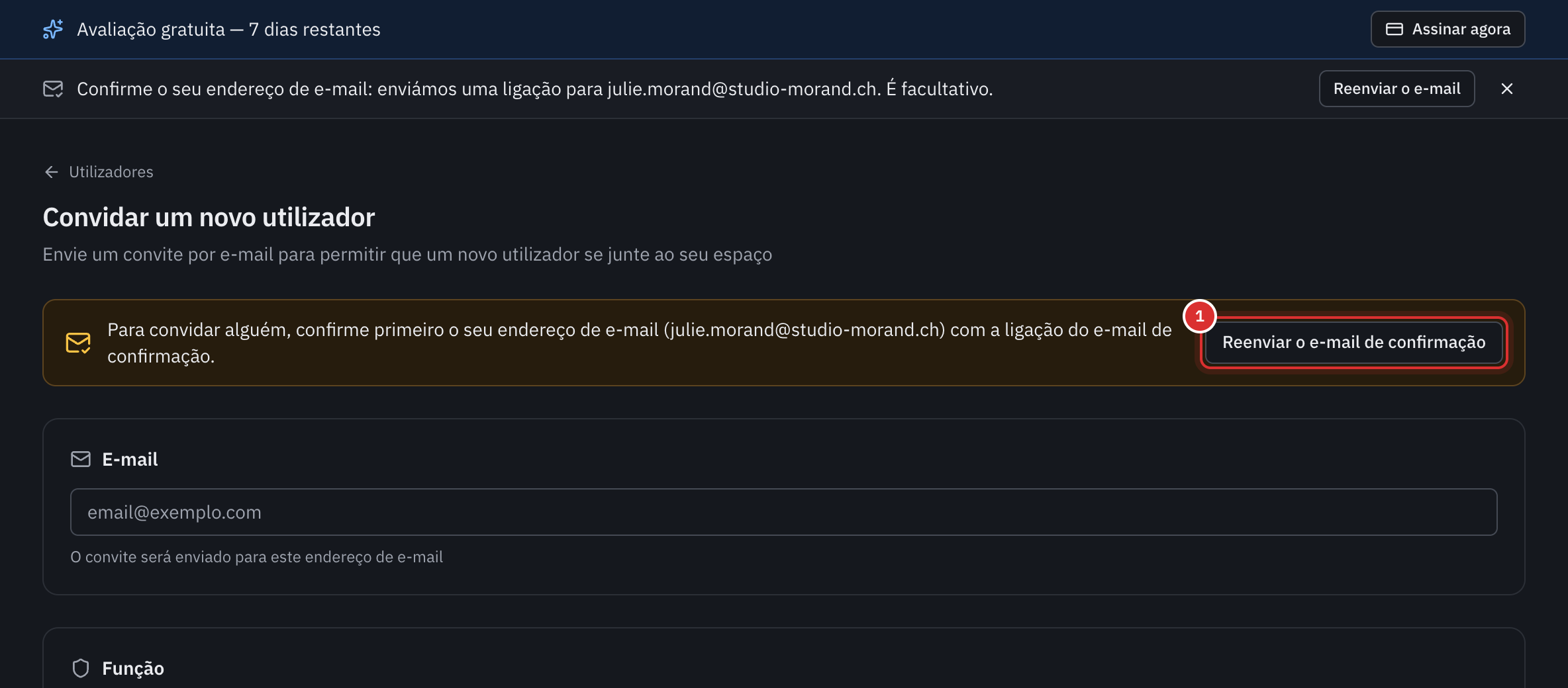 A página Convidar um novo utilizador de uma conta cujo endereço não está confirmado: a mensagem Para convidar alguém, confirme primeiro o seu endereço de e-mail, com o botão Reenviar o e-mail de confirmação.