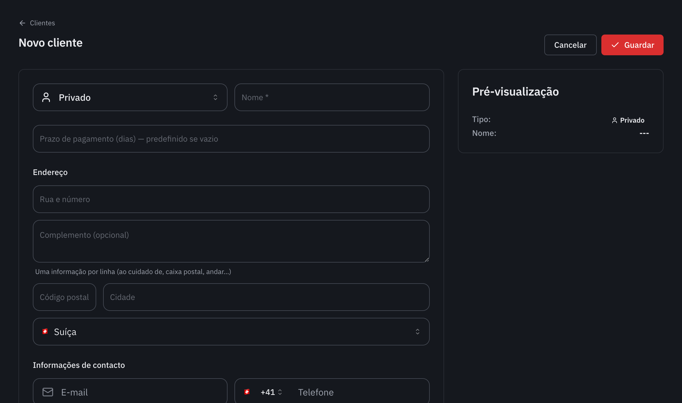 O formulário Novo cliente: o tipo, o nome, o prazo de pagamento, a morada e os contactos, com a pré-visualização à direita.