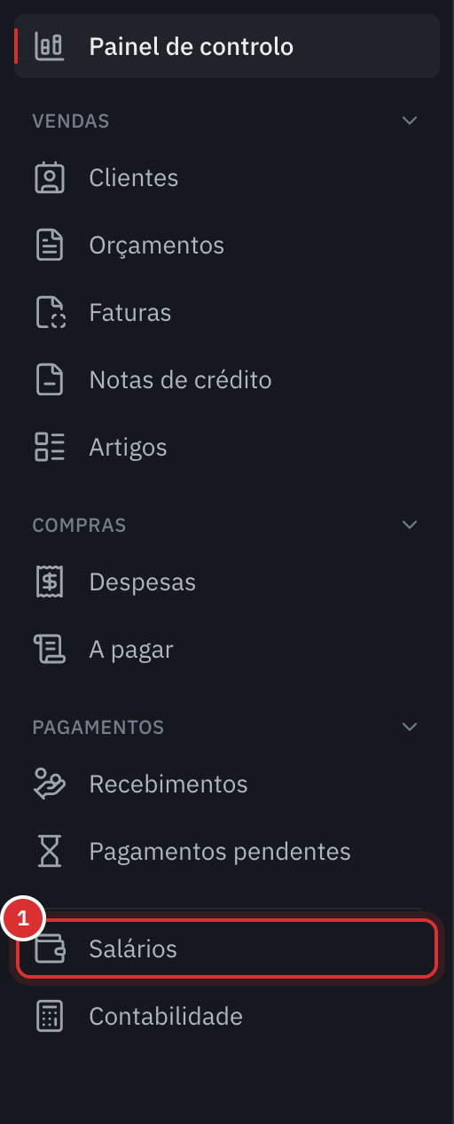 O menu da esquerda: Vendas, Compras e Pagamentos e, a seguir, a nova entrada Salários, antes de Contabilidade.