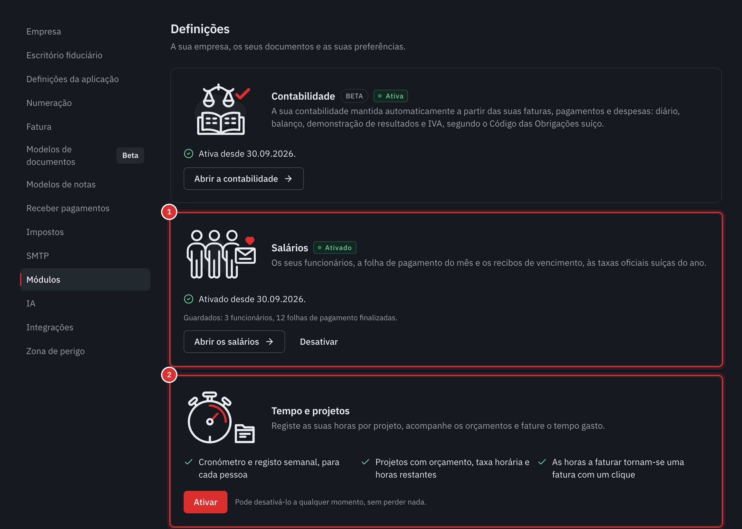 O separador Módulos: a contabilidade e os salários ativados, com Abrir e Desativar, e Tempo e projetos com o botão Ativar.