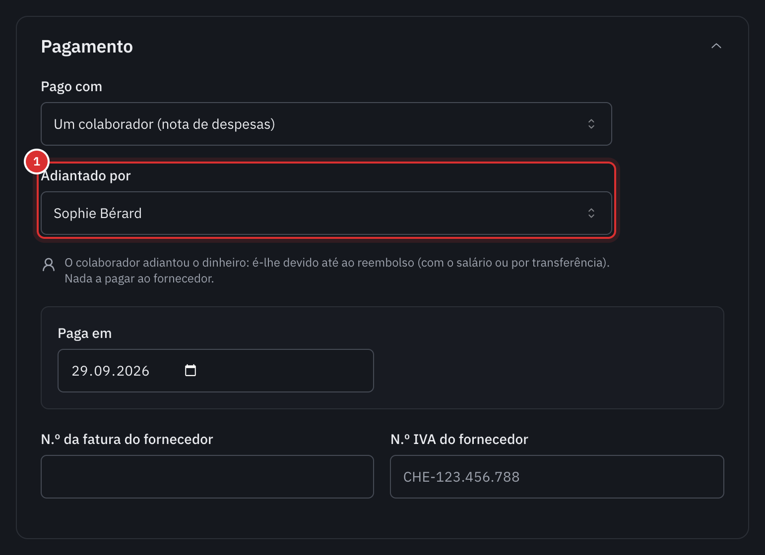 O pagamento de uma despesa paga por Um colaborador (nota de despesas), com o campo Adiantado por: Sophie Bérard.