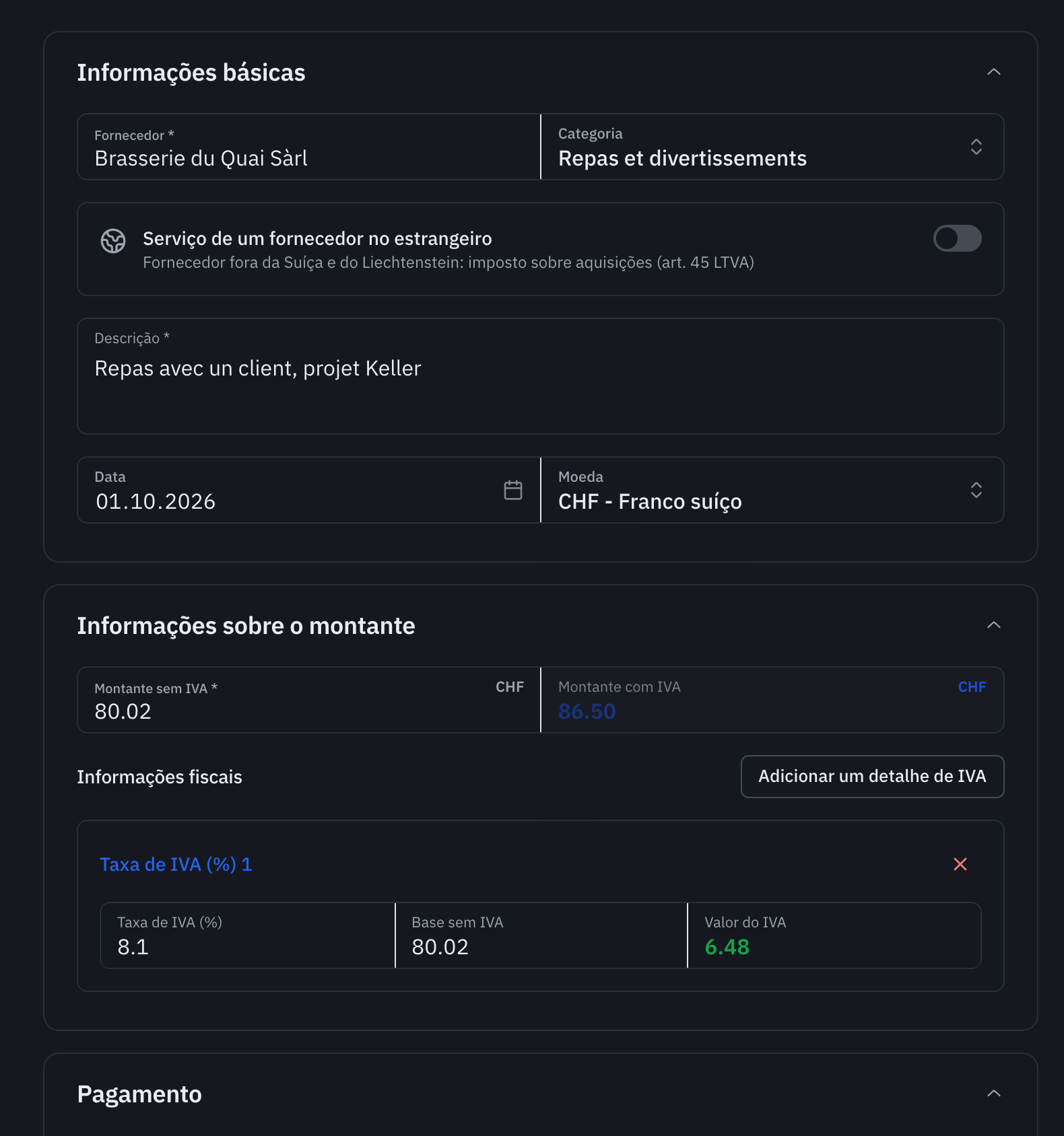 As secções Informações básicas e Informações sobre o montante: fornecedor, categoria, descrição, data, moeda, montante sem IVA, montante com IVA e uma taxa de IVA de 8,1 %.
