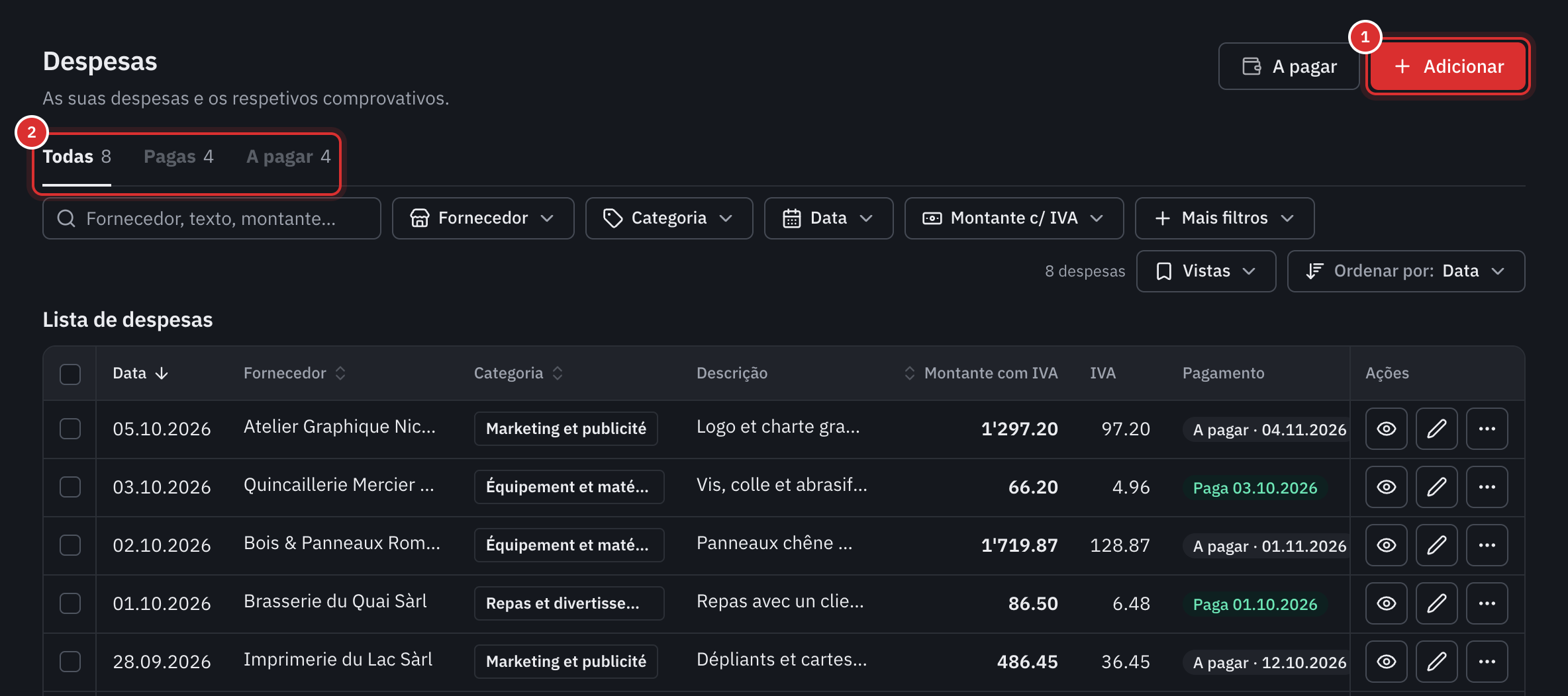 A lista das despesas: o botão Adicionar, os separadores Todas, Pagas e A pagar e, por baixo, a tabela com o fornecedor, a categoria, o montante com IVA, o IVA e o pagamento.