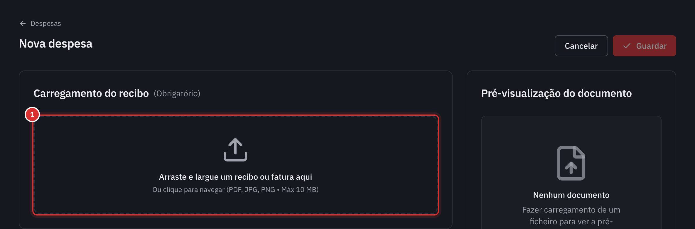 A página Nova despesa: o quadro Carregamento do recibo, marcado como obrigatório, e a pré-visualização do documento à direita.