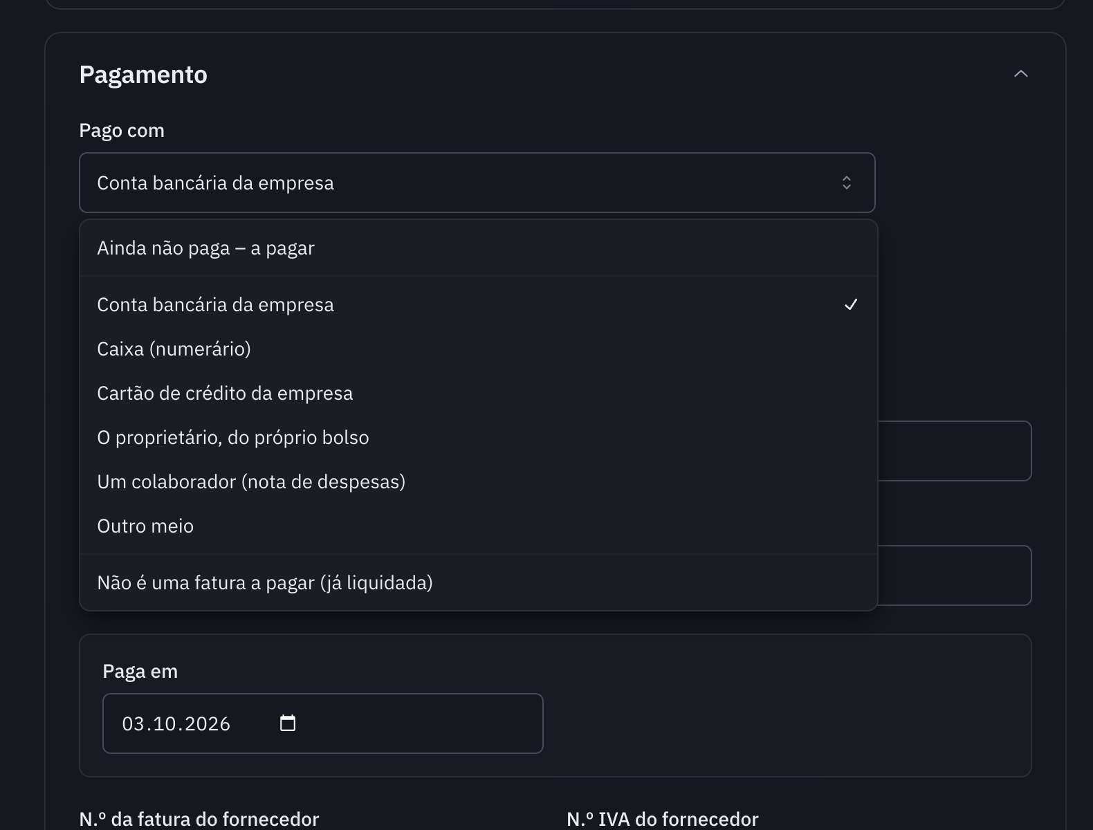 A lista Pago com aberta: Ainda não paga – a pagar, Conta bancária da empresa, Caixa, Cartão de crédito da empresa, O proprietário, Um colaborador, Outro meio e Não é uma fatura a pagar.