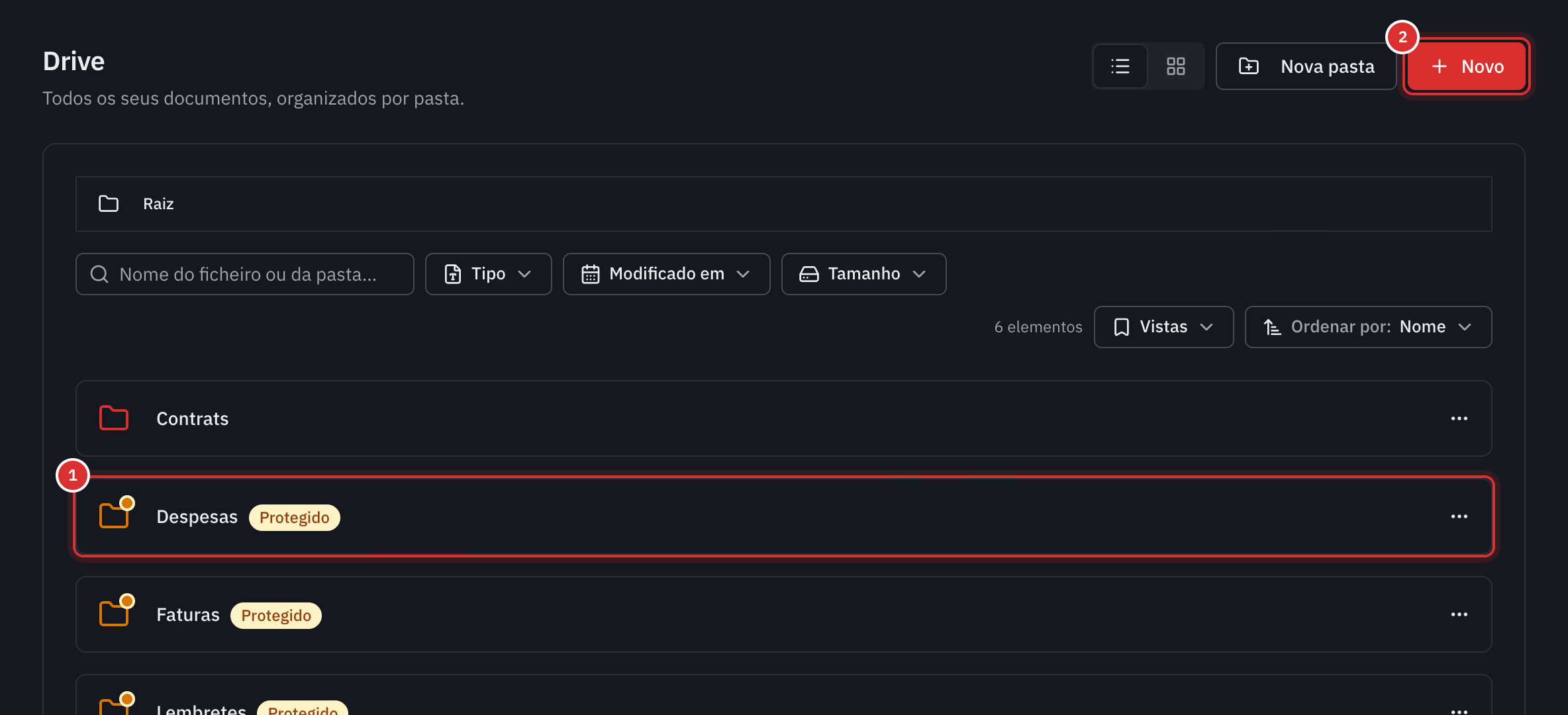 O Drive: a pasta Contratos, a pasta Despesas marcada como Protegido, um ficheiro PDF e os botões Nova pasta e Novo.