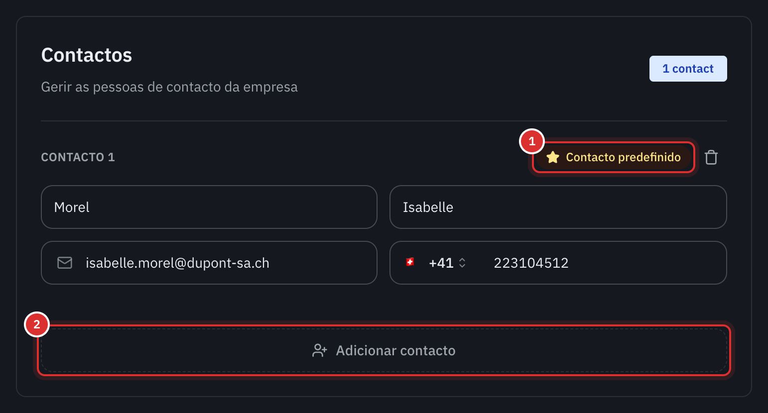 A secção Contactos da ficha de uma empresa, com um contacto predefinido e o botão Adicionar contacto.