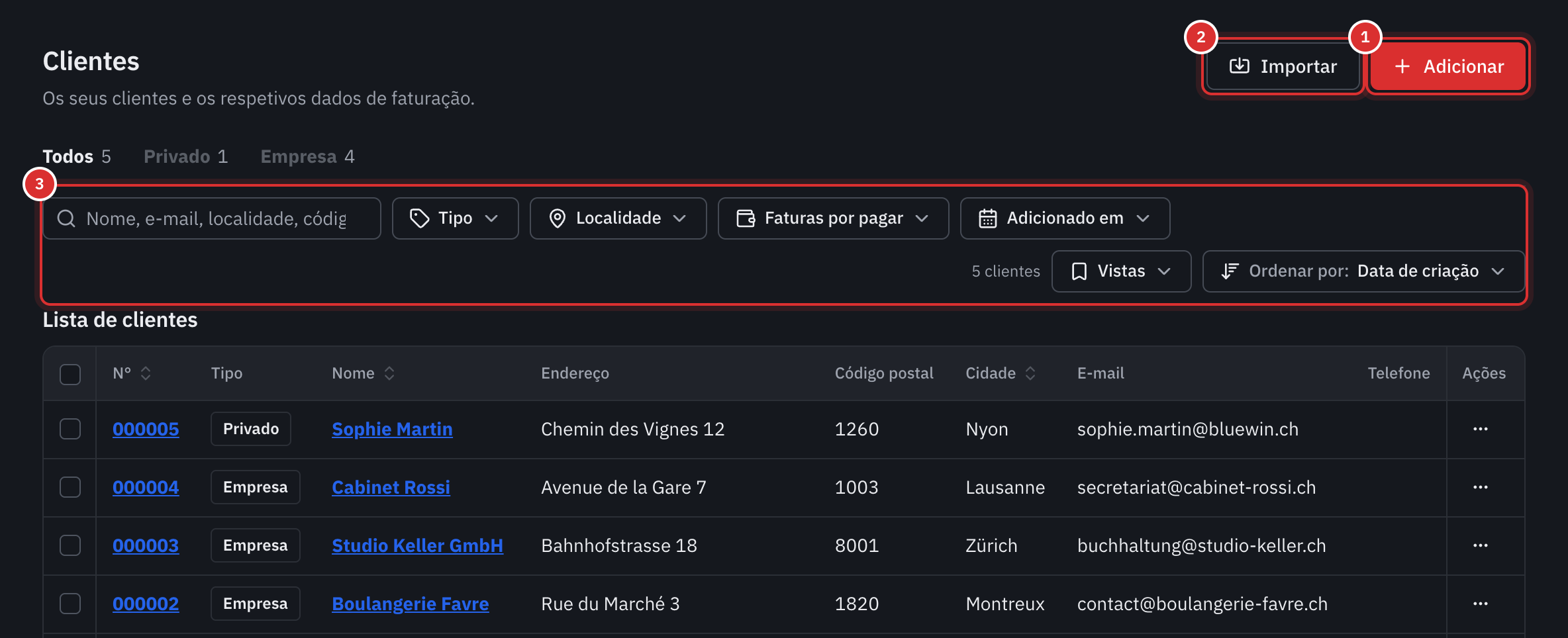 A lista dos clientes: os botões Adicionar e Importar, os separadores Todos, Privado e Empresa, a barra de pesquisa e de filtros e, por baixo, a tabela.