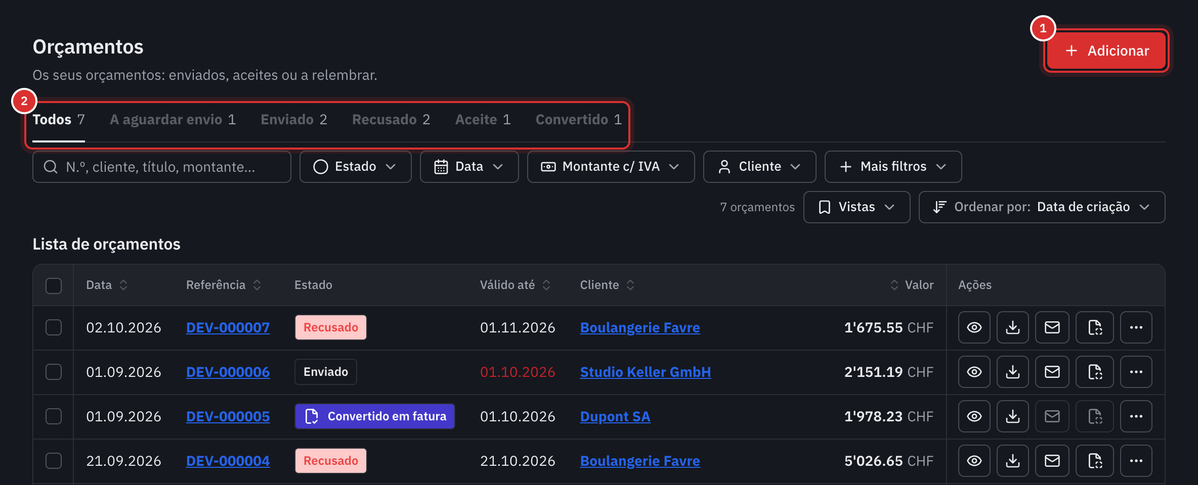 A lista dos orçamentos com o botão Adicionar e os separadores por estado: Todos, A aguardar envio, Enviado, Recusado, Aceite, Convertido.
