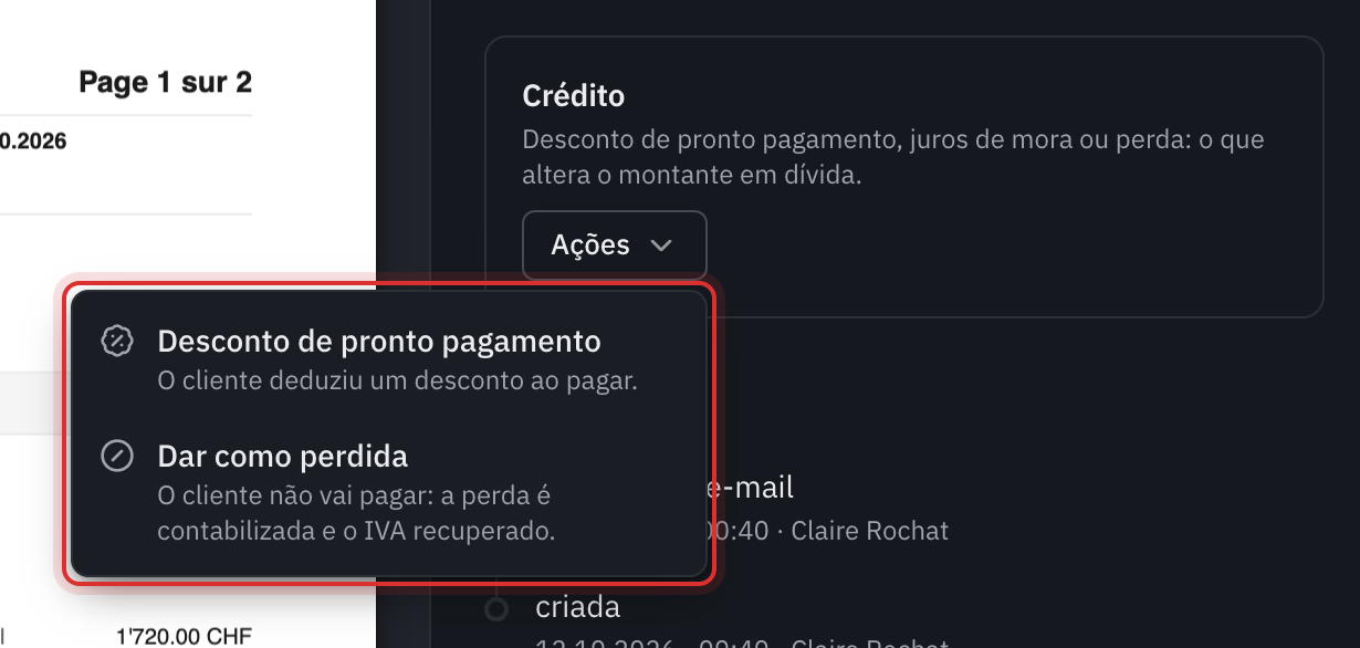 O painel Crédito de uma fatura com o menu Ações aberto: Desconto de pronto pagamento e Dar como perdida.