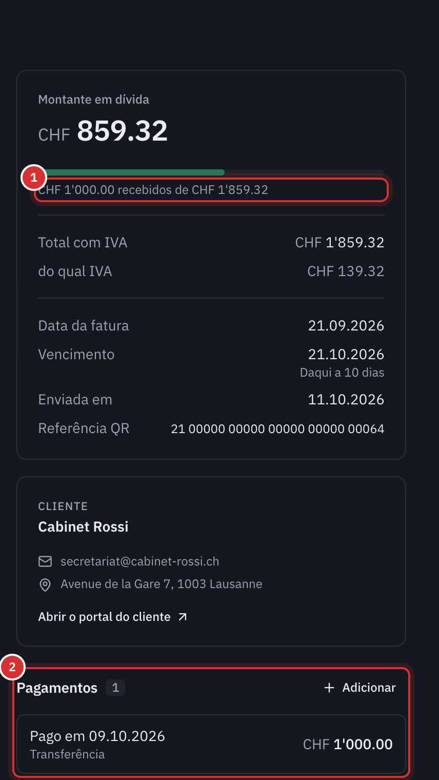 O resumo de uma fatura parcialmente paga: o montante em dívida, a barra de progresso 1’000 CHF recebidos de 1’859.32 CHF e a secção Pagamentos com a transferência recebida.