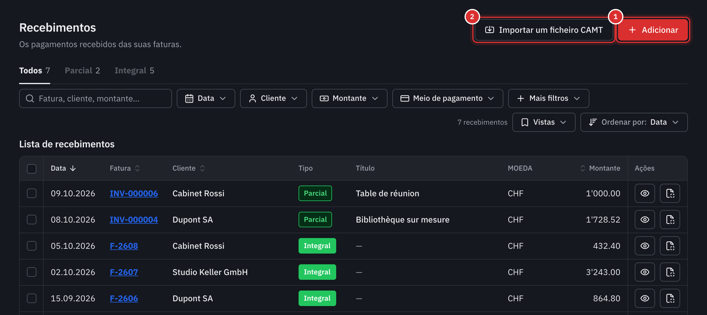 A lista dos recebimentos: os botões Adicionar e Importar um ficheiro CAMT, os separadores Todos, Parcial e Integral, os filtros e a tabela dos pagamentos.