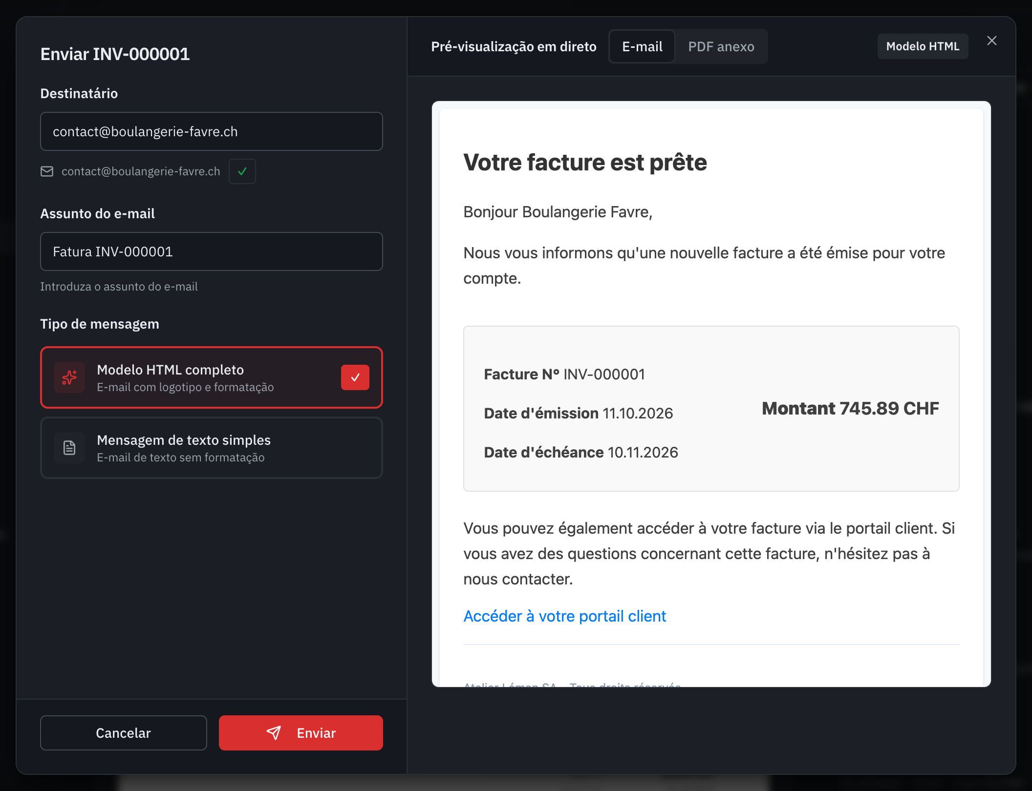 A janela de envio: o destinatário, os outros contactos, o assunto, o tipo de mensagem e a pré-visualização do e-mail com a ligação para o portal do cliente.