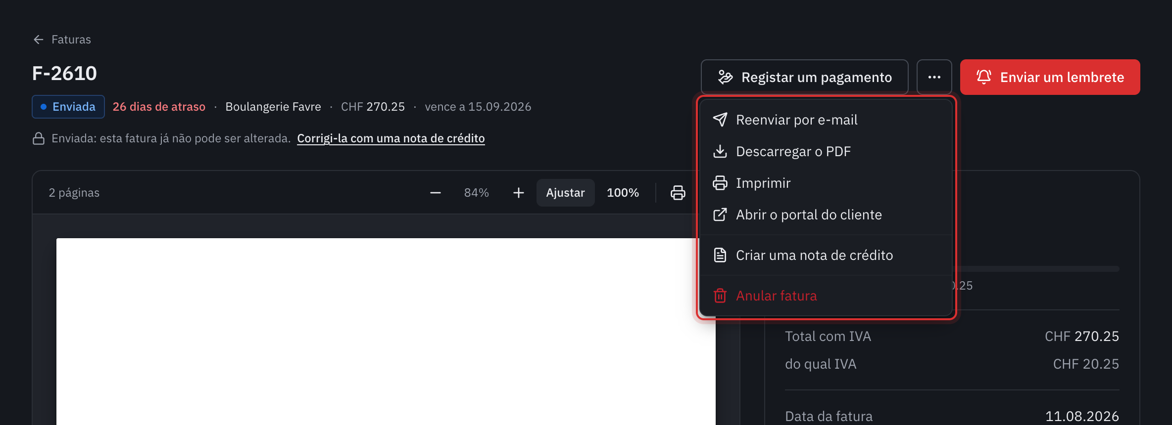 O menu Mais ações de uma fatura enviada: Reenviar por e-mail, Descarregar o PDF, Imprimir, Abrir o portal do cliente, Criar uma nota de crédito e Anular fatura.