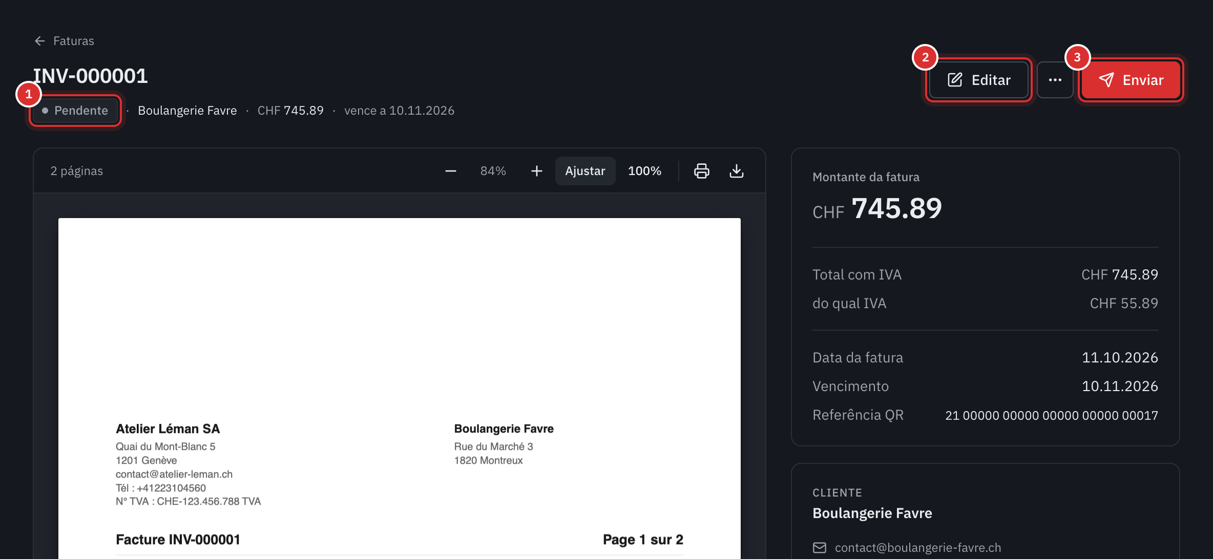 A página de uma fatura pendente: o estado, os botões Editar e Enviar, a pré-visualização do PDF, o montante, as datas e a referência QR.