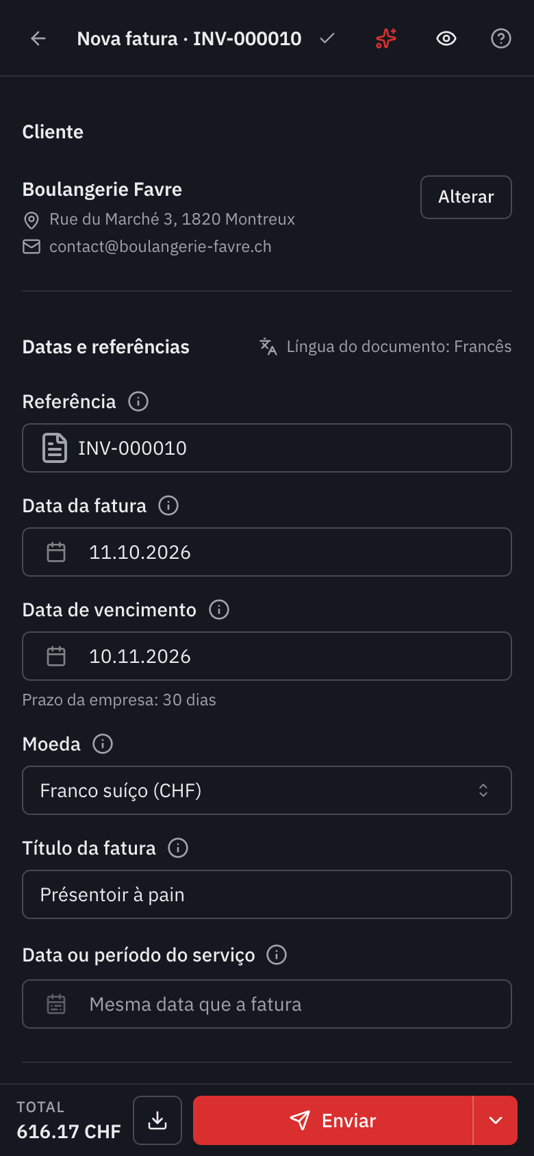 O editor num telemóvel: o cliente e as datas numa coluna, o olho da pré-visualização no topo e, em baixo, o total, a descarga e o botão Enviar.