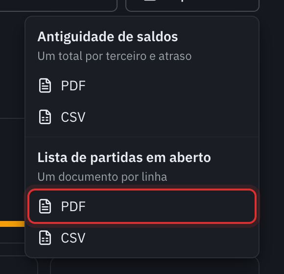 O menu Exportar: Antiguidade de saldos em PDF ou CSV, Lista de partidas em aberto em PDF ou CSV.