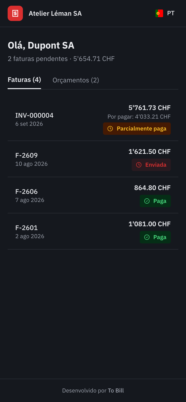 O portal do cliente num telemóvel, com a lista das faturas.