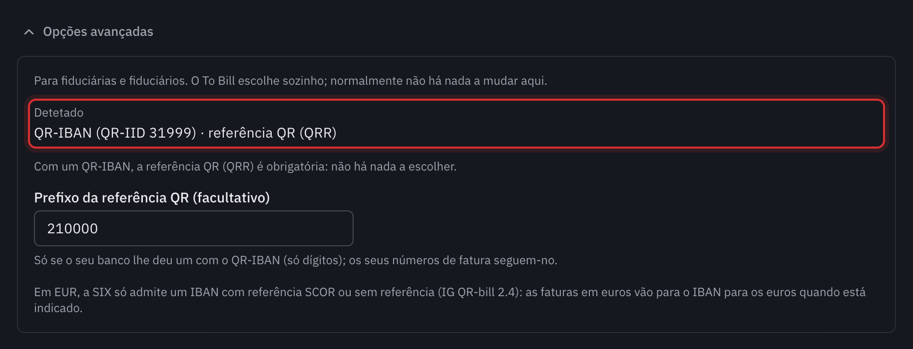 As opções avançadas abertas para um QR-IBAN: o tipo detetado QR-IBAN (QR-IID 31999) com a referência QR (QRR), o prefixo da referência QR e a regra dos euros.