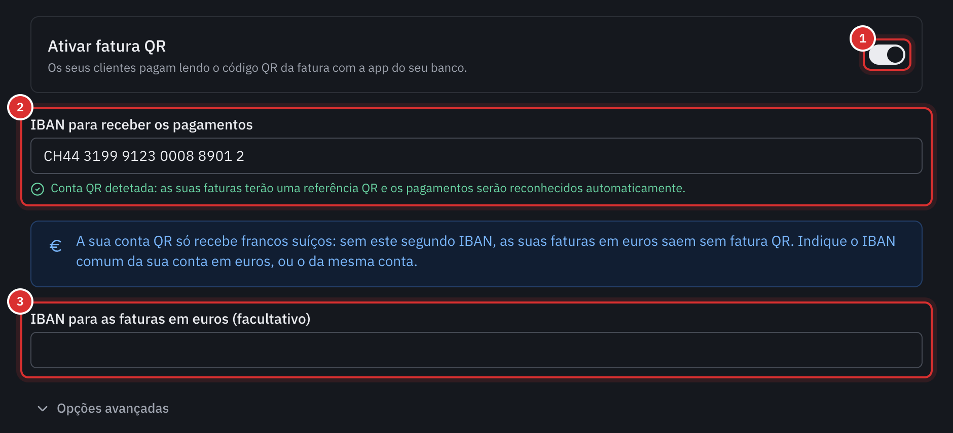 A secção Fatura QR das definições: o interruptor Ativar fatura QR, o QR-IBAN em IBAN para receber os pagamentos, a linha Conta QR detetada, a nota sobre os euros e o campo IBAN para as faturas em euros.