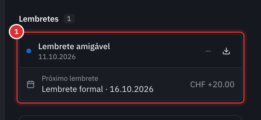 A secção Lembretes de uma fatura: um lembrete amigável enviado e o próximo lembrete, um lembrete formal com 20 CHF de taxa.