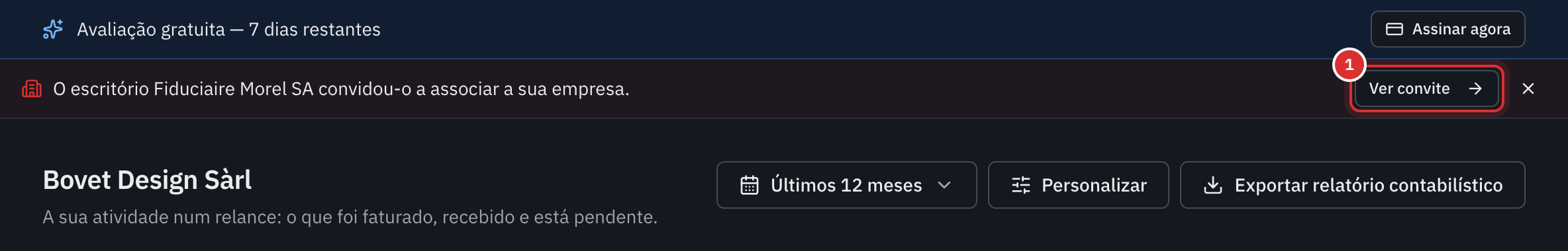 O painel do cliente com a faixa do convite do escritório e o botão Ver convite.