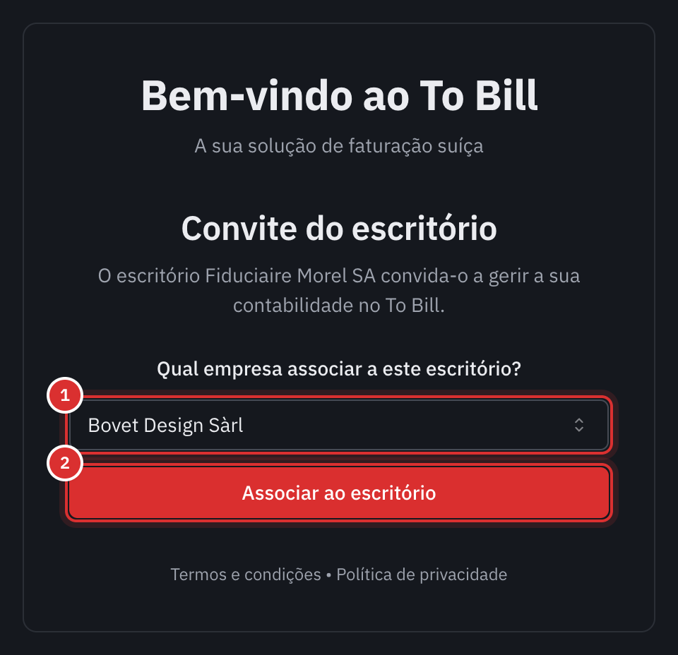 A página Convite do escritório: a escolha da empresa e o botão Associar ao escritório.