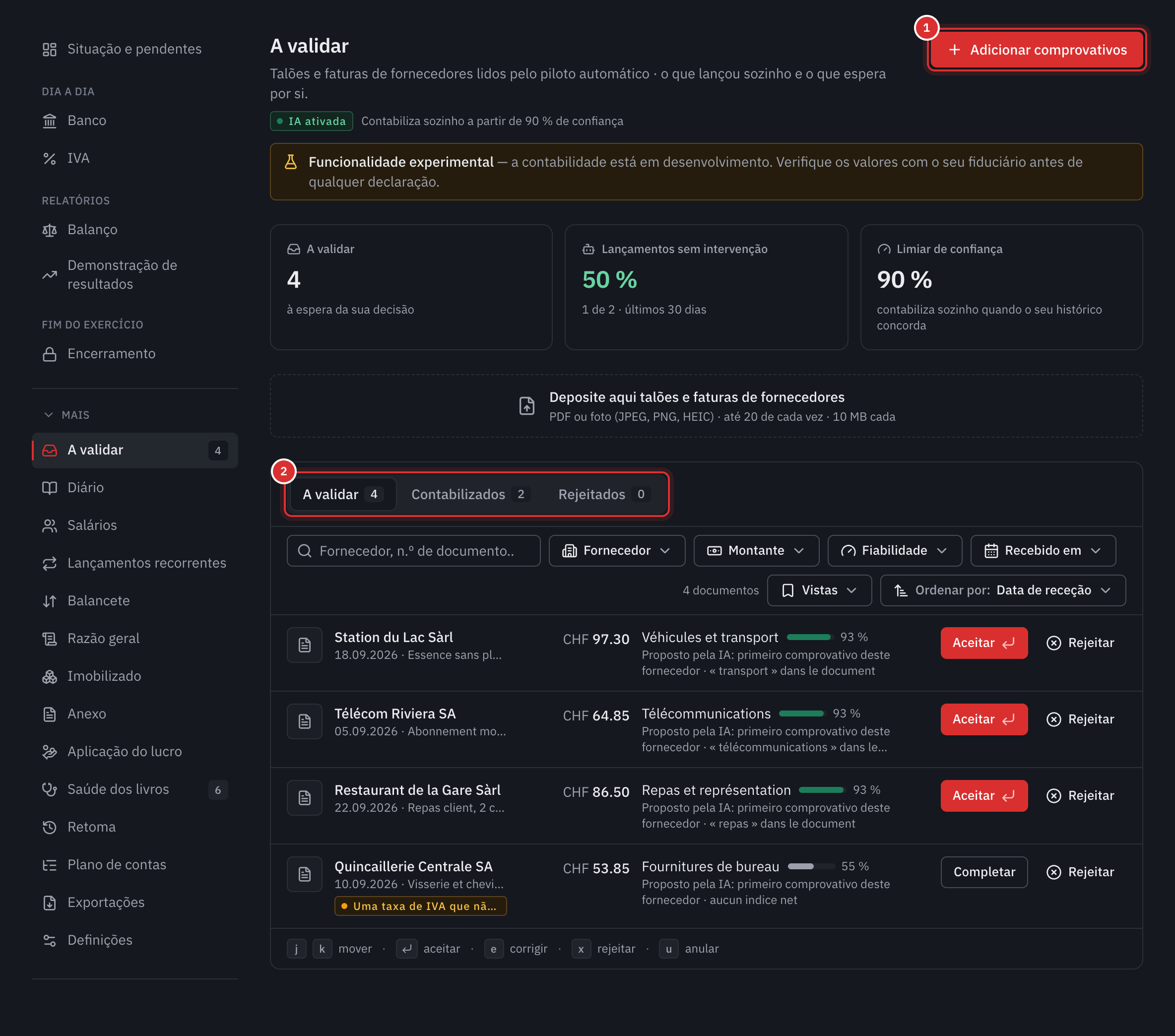 A página A validar: o botão Adicionar comprovativos, os contadores, a zona de carregamento e quatro comprovativos lidos, com a respetiva proposta e os botões Aceitar e Rejeitar.