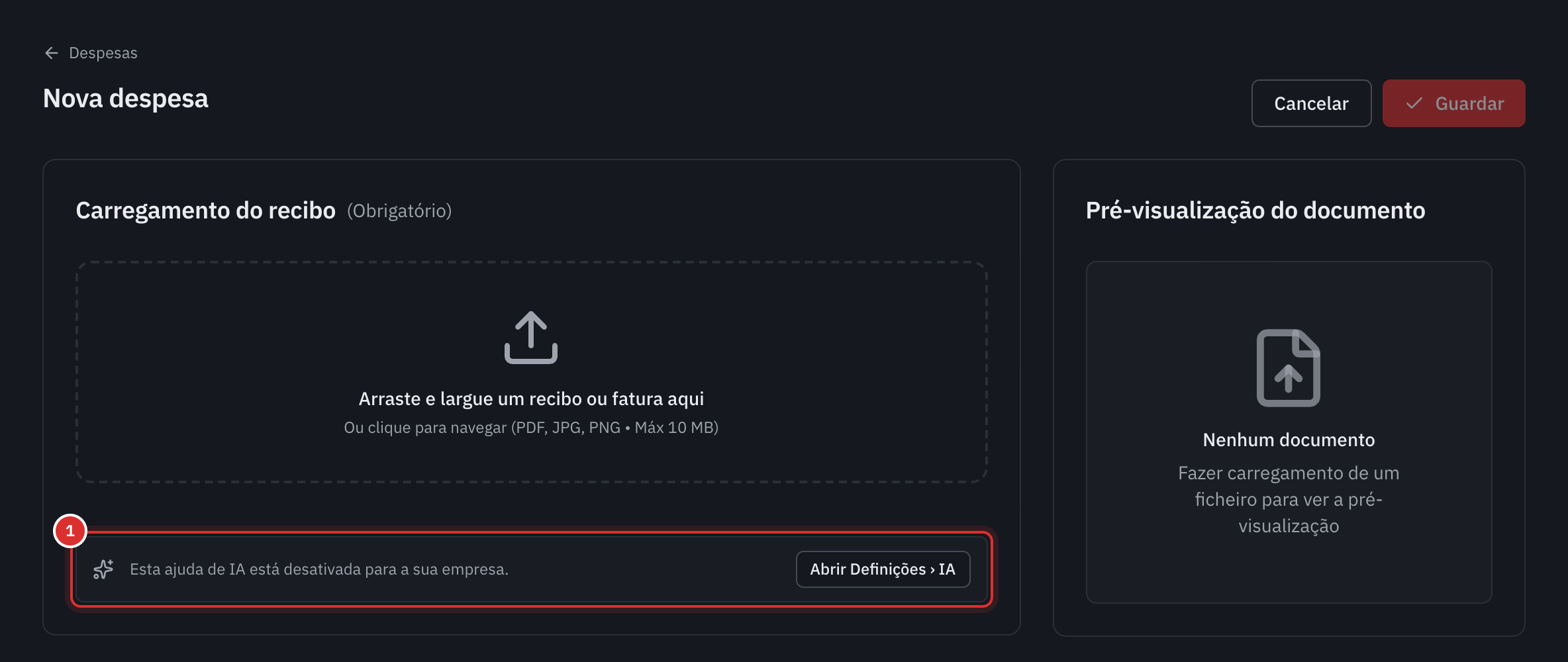 A página Nova despesa de uma empresa sem IA: por baixo da zona do recibo, a nota Esta ajuda de IA está desativada para a sua empresa, com o botão Abrir Definições, IA.