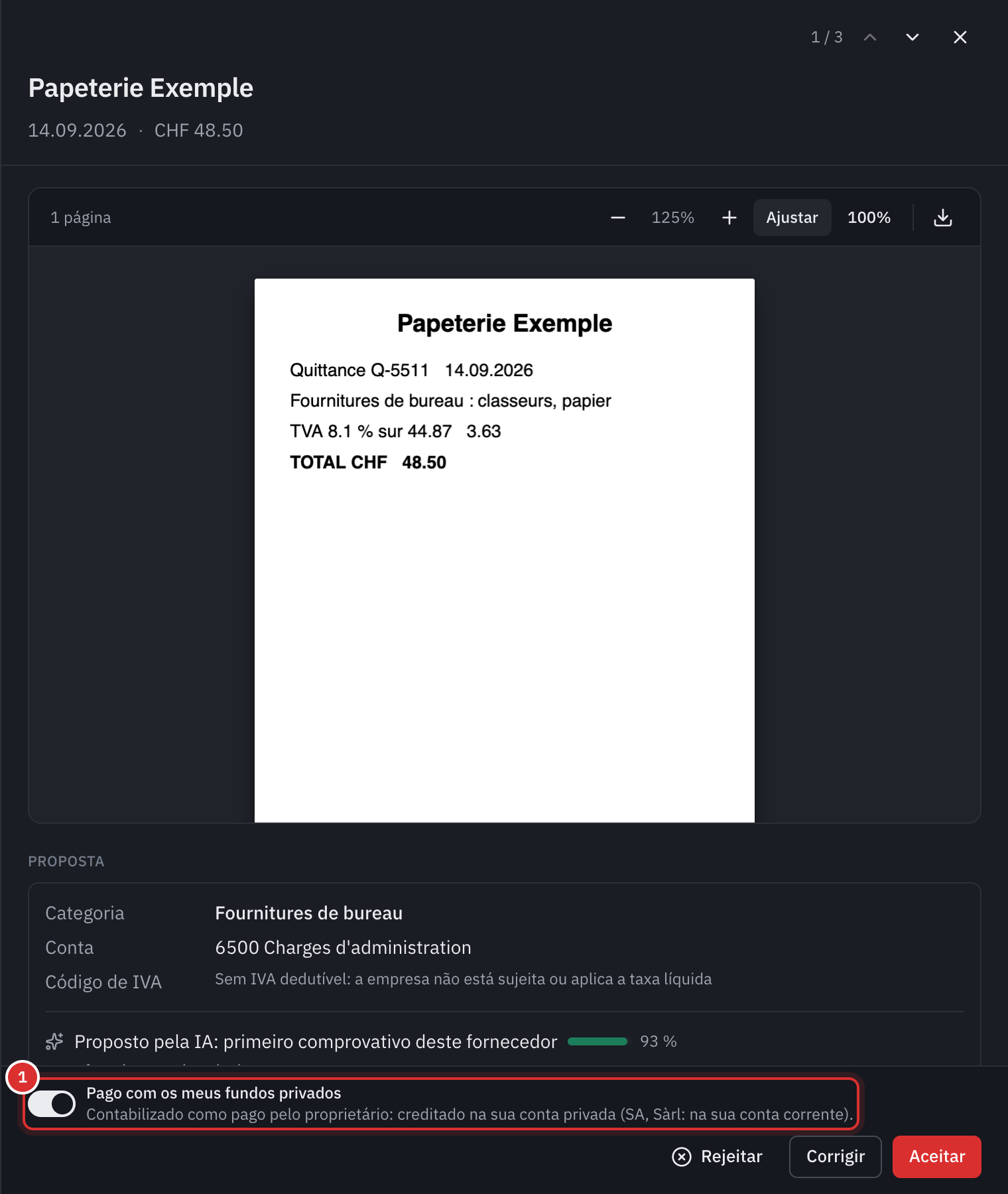 A ficha de um comprovativo da Papeterie Exemple em A validar: o recibo, a proposta Material de escritório, e no fundo o interruptor Pago com os meus fundos privados ativado, com os botões Rejeitar, Corrigir e Aceitar.