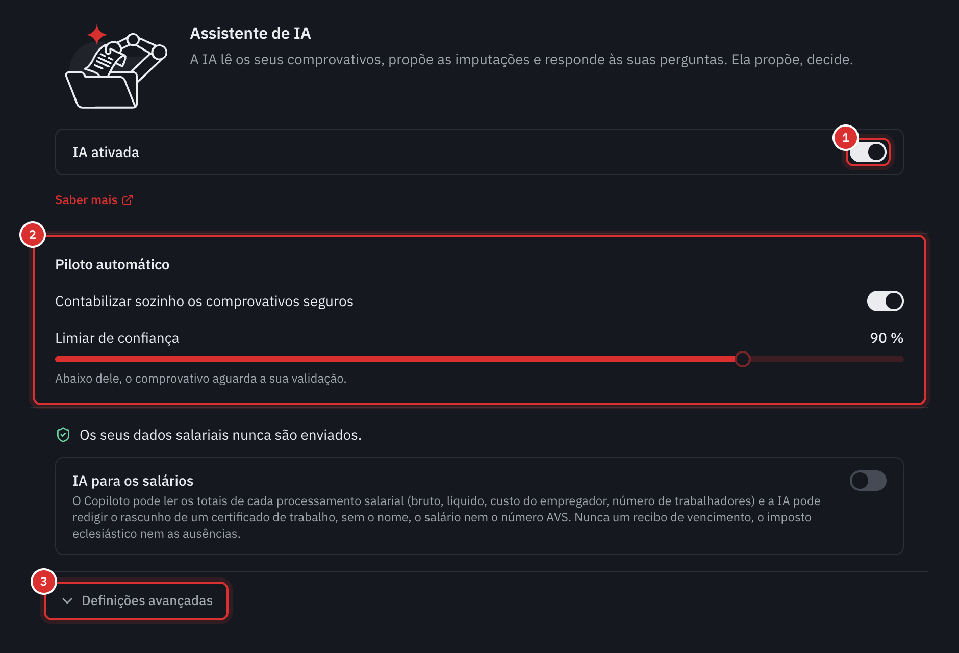 A página Definições, IA: o interruptor IA ativada, o piloto automático e a ligação Definições avançadas.