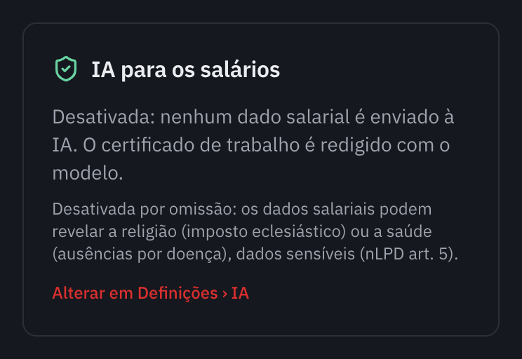 O cartão IA para os salários da página Salários, Seguros: Desativada, nenhum dado salarial é enviado à IA, o motivo e a ligação Alterar em Definições, IA.