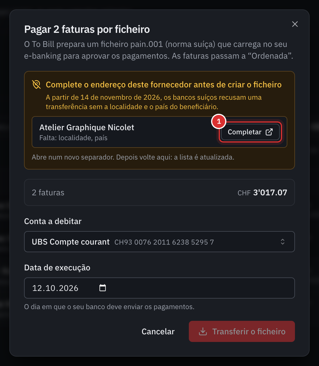 A janela de pagamento com o alerta Complete o endereço deste fornecedor antes de criar o ficheiro: Atelier Graphique Nicolet, falta a localidade e o país, com o botão Completar.