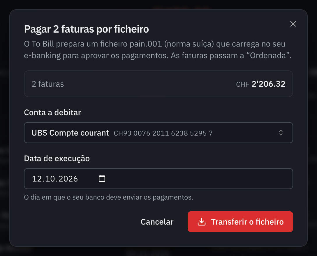 A janela Pagar 2 faturas por ficheiro: o total, a conta a debitar UBS conta corrente, a data de execução e o botão Transferir o ficheiro.