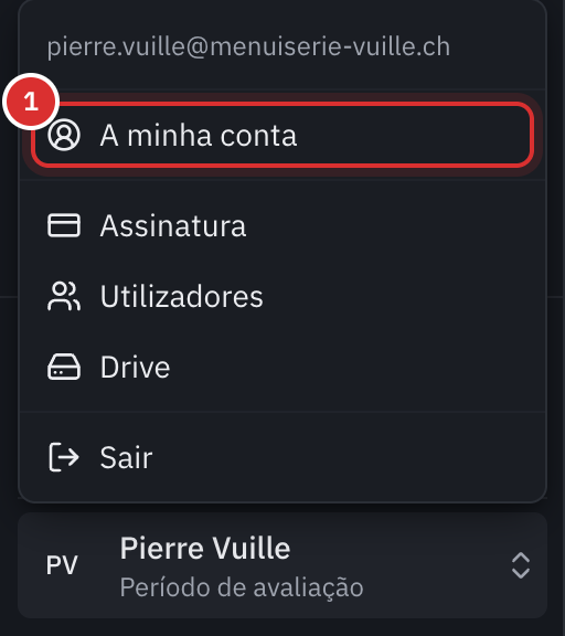 O menu da conta aberto no canto inferior esquerdo: o e-mail, A minha conta, Assinatura, Utilizadores, Drive e Sair.