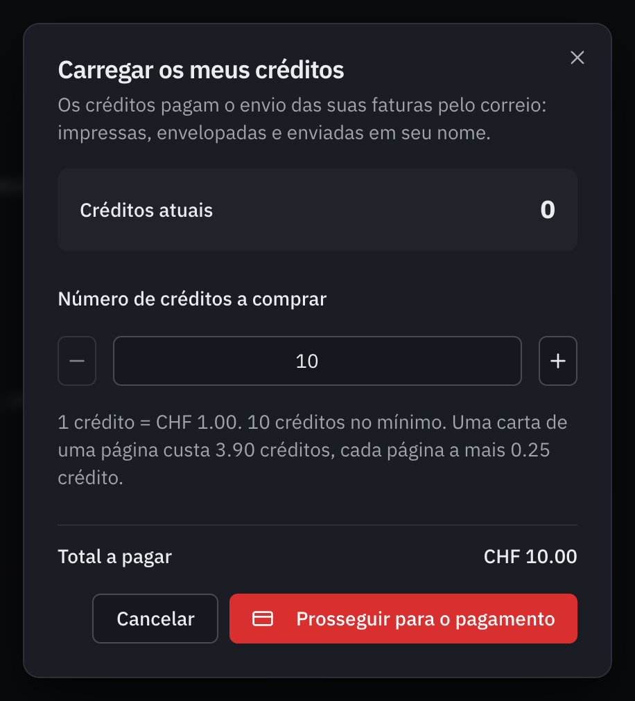 A janela Carregar os meus créditos: para que servem os créditos (o envio das faturas pelo correio), os créditos atuais, o número a comprar, a tarifa com o mínimo de 10 créditos e o preço de uma carta, e o total a pagar de CHF 10.00.