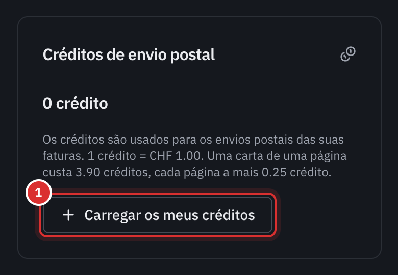 O cartão Créditos de envio postal da página Assinatura: o saldo, a tarifa 1 crédito = CHF 1.00 com o preço de uma carta, e o botão Carregar os meus créditos.
