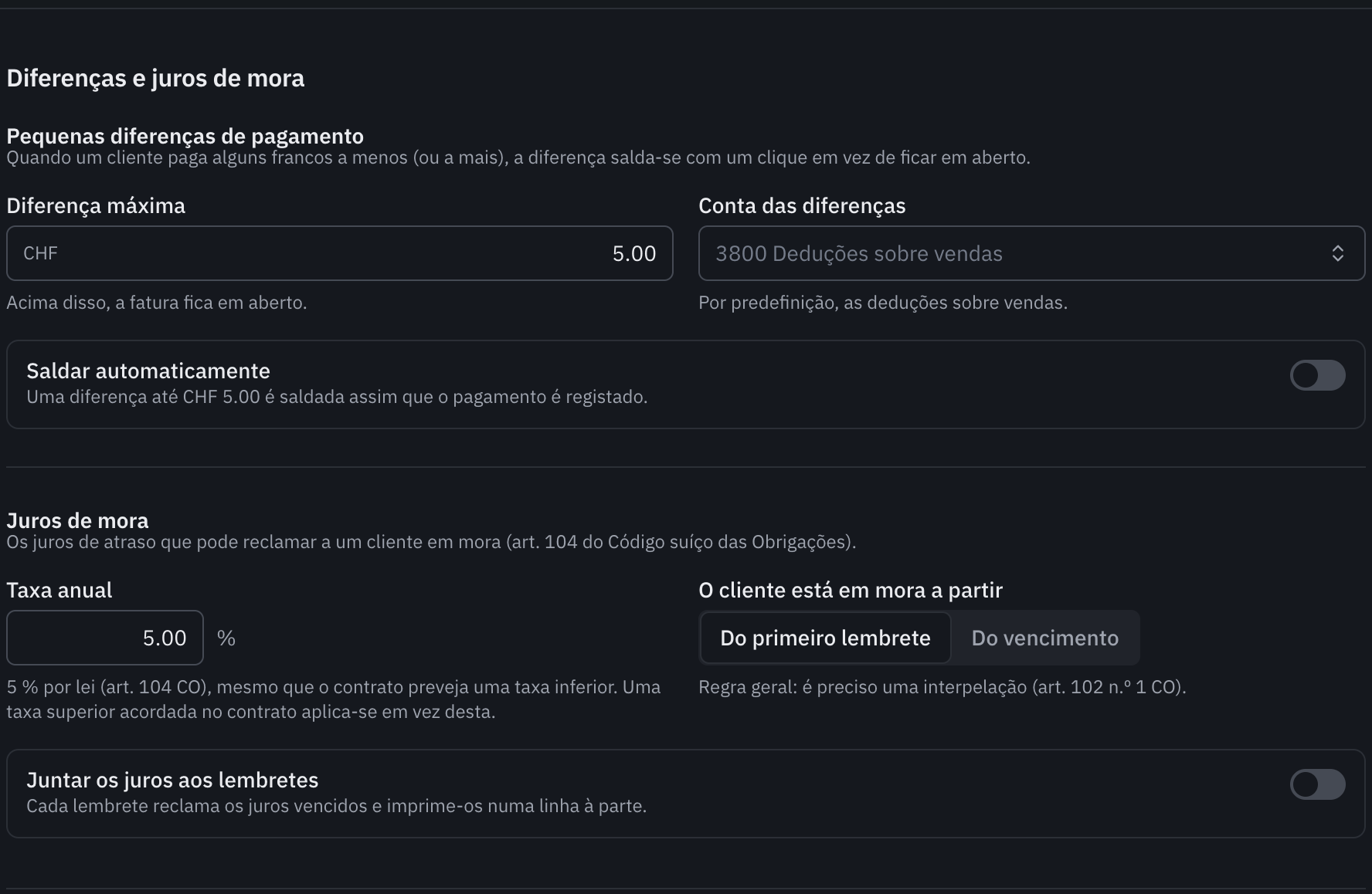 A parte Diferenças e juros de mora: a diferença máxima, a conta das diferenças, a taxa anual e o início da mora.