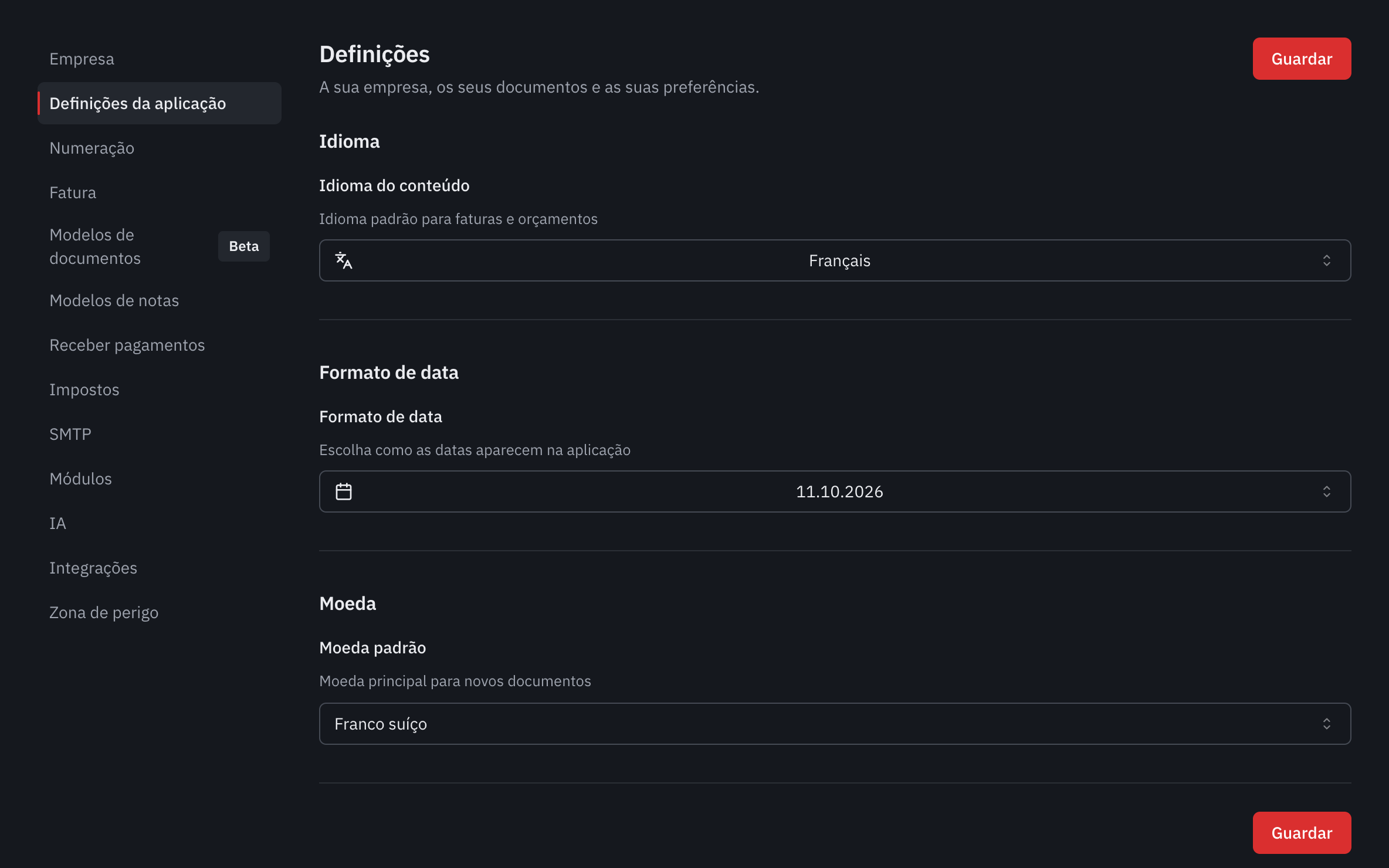 O separador Definições da aplicação: o idioma do conteúdo, o formato de data e a moeda padrão.